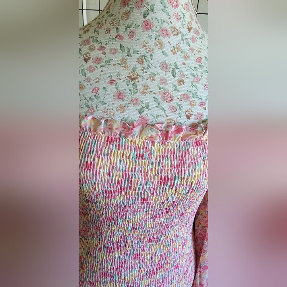 SNDYS Floral Pink Smocked Midi Dress with Puff Sleeves - Picture 5 of 9